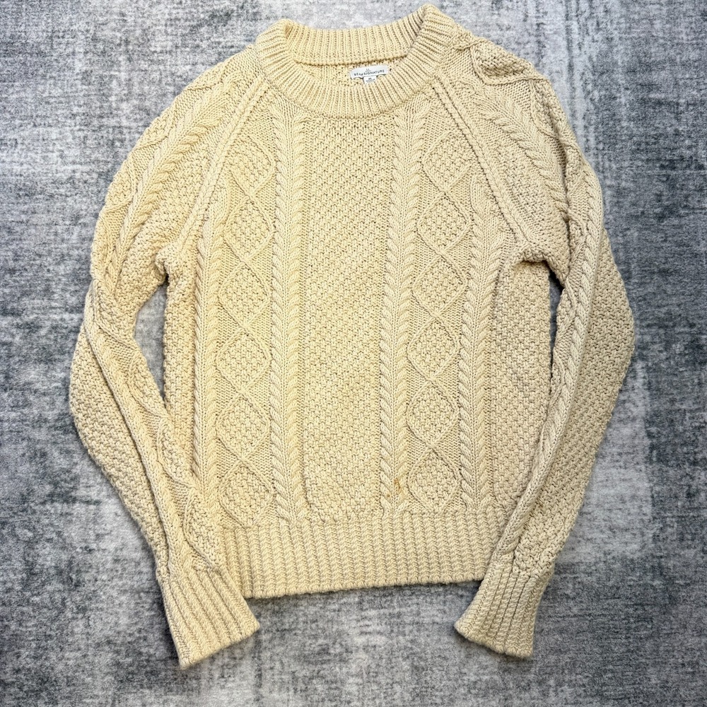 LL Bean Sweater Womens Medium Cream‎ Signature Cable Knit Fisherman Cotton Crew